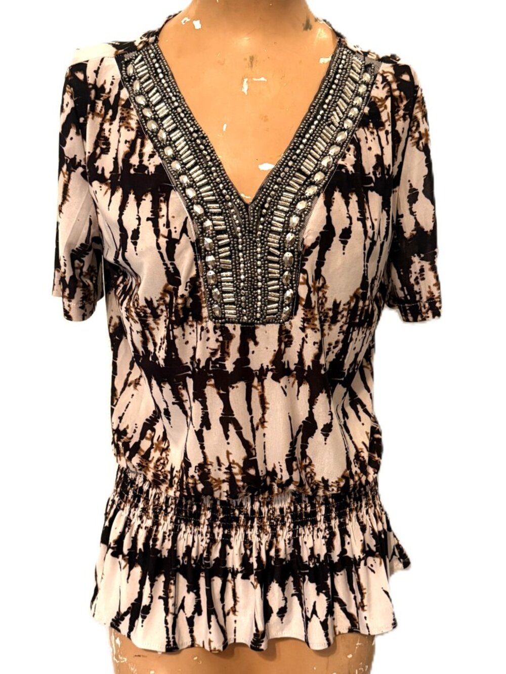 Solaris Women Small Black Beaded Boho Top Blouse Shirt Y2K McBling Animal Fierce